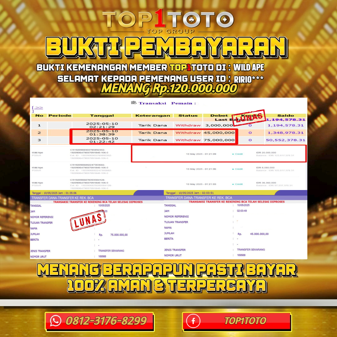 TOP1TOTO JACKP0T SLOT WILD APE Rp.120.000.000 - LUNAS USER ID : RIRI0***