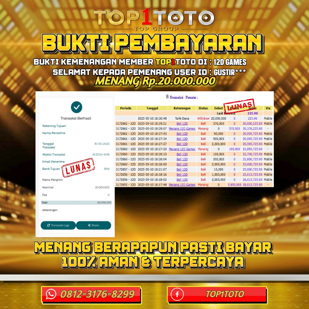 TOP1TOTO JACKP0T LIVE GAMES 12D GAMES Rp.20.000.000 - LUNAS USER ID : GUSTIR***