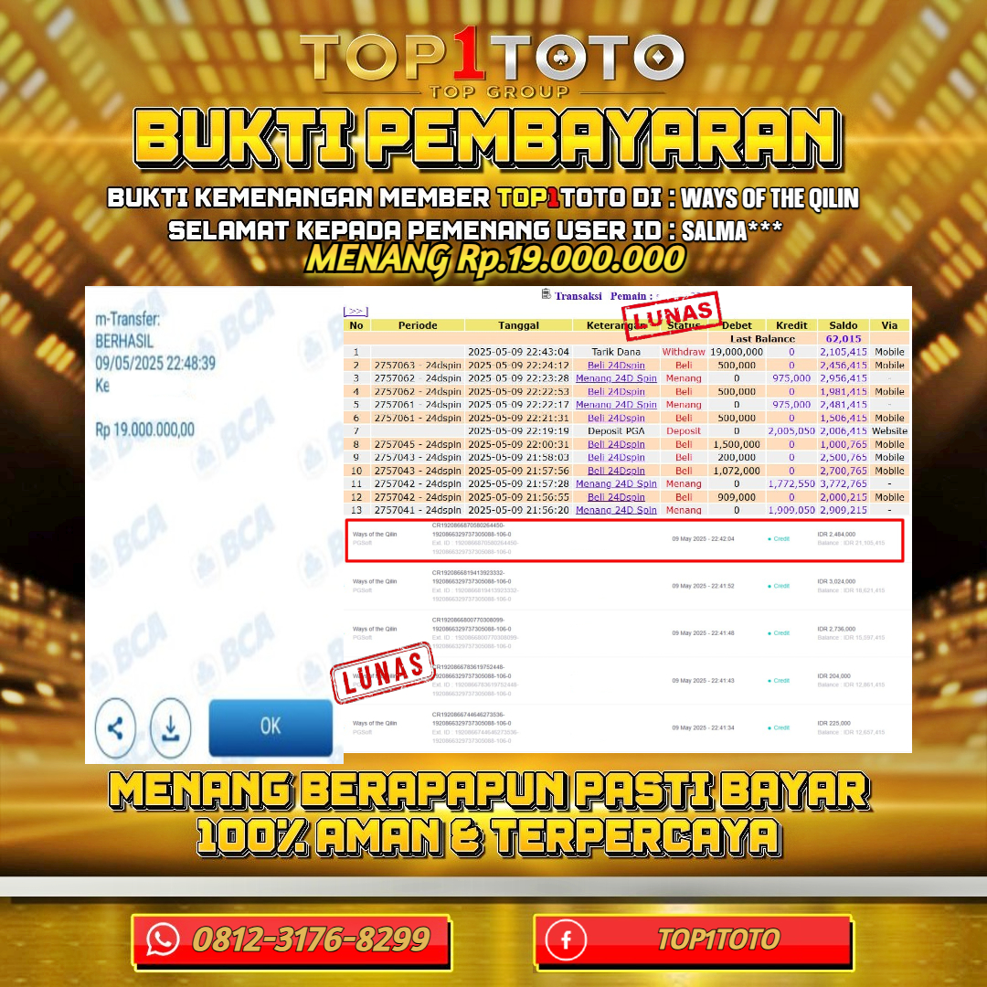 TOP1TOTO JACKP0T SLOT WAYS OF THE QILIN Rp.19.000.000 - LUNAS USER ID : SALMA***