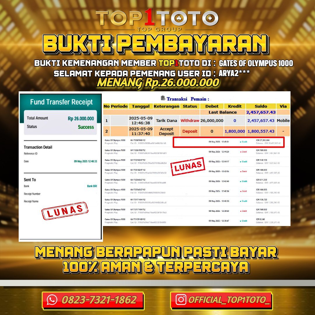 TOP1TOTO JACKP0T SLOT GATES OF OLYMPUS 1000 Rp.26.000.000 - LUNAS USER ID : ARYA2***