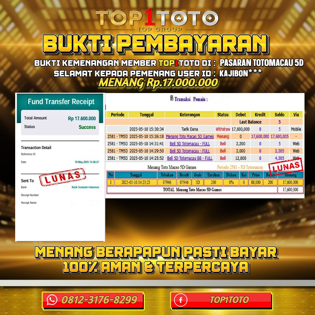 TOP1TOTO JACKP0T TOGEL PASARAN TOTOMACAU 5D Rp.17.000.000 - LUNAS USER ID : KAJIBON***