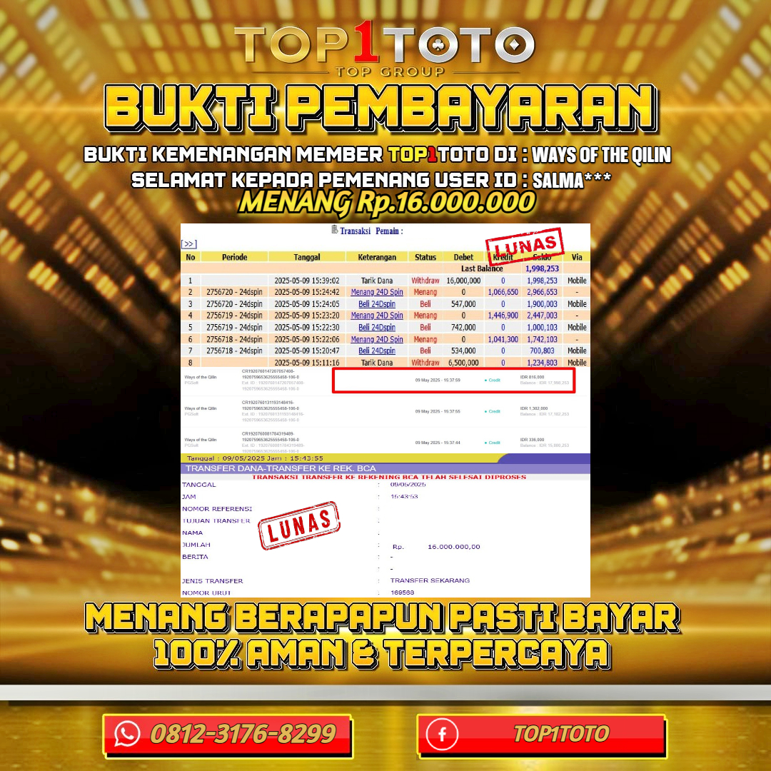 TOP1TOTO JACKP0T SLOT WAYS OF THE QILIN Rp.16.000.000 - LUNAS USER ID : SALMA***