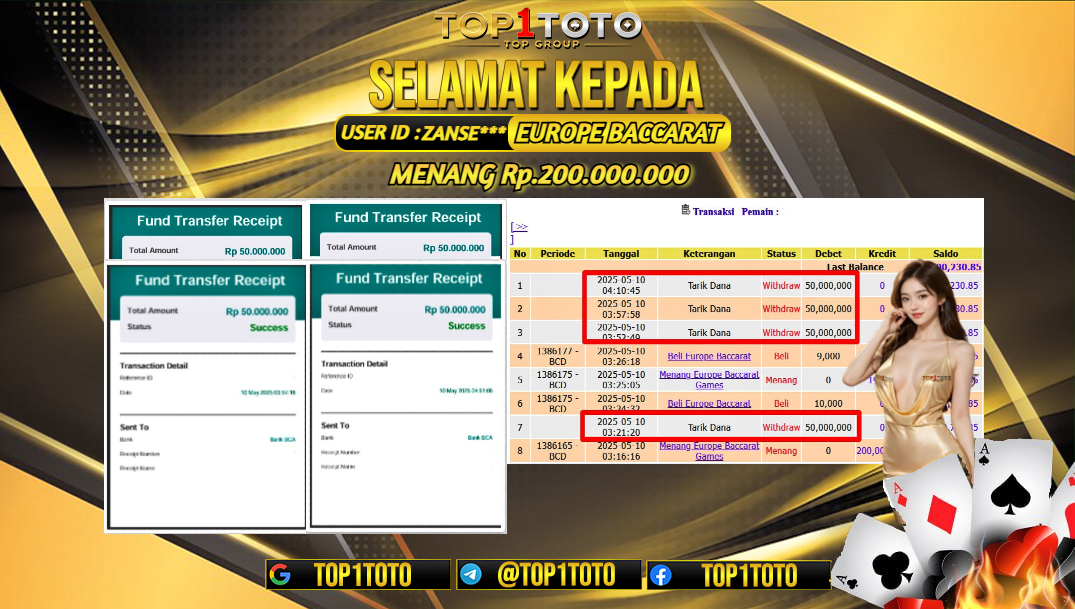 TOP1TOTO JACKP0T LIVE GAMES EUROPE BACCARAT Rp.200.000.000 - LUNAS USER ID:ZANSE***