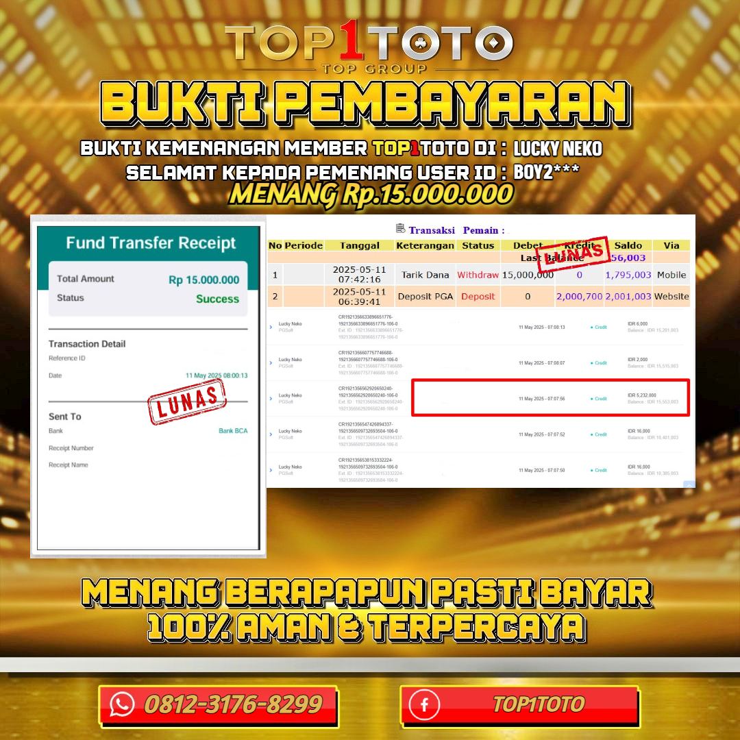 TOP1TOTO JACKP0T SLOT LUCKY NEKO Rp15.000.000 - LUNAS USER ID : BOY2***